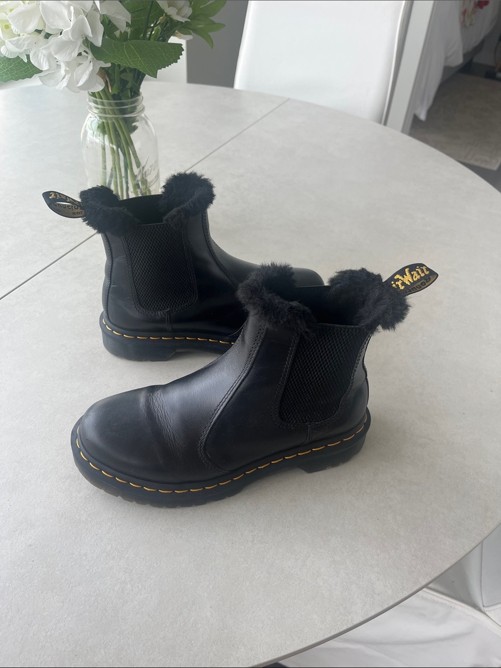 Dr. Martens Black Leather Faux Fur Chelsea Booties